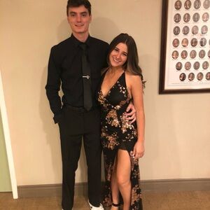 Black and Gold Sleeveless Plunge formal Dress